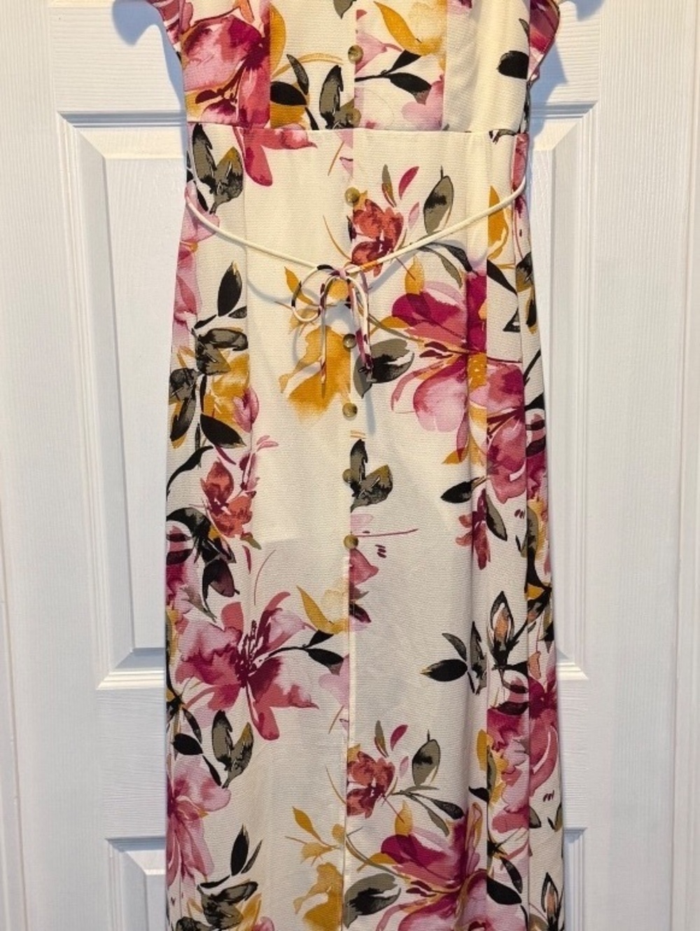 IZ Byer Womens Medium Floral Midi Dress Flutter Sleeve Tie Waist Button Front